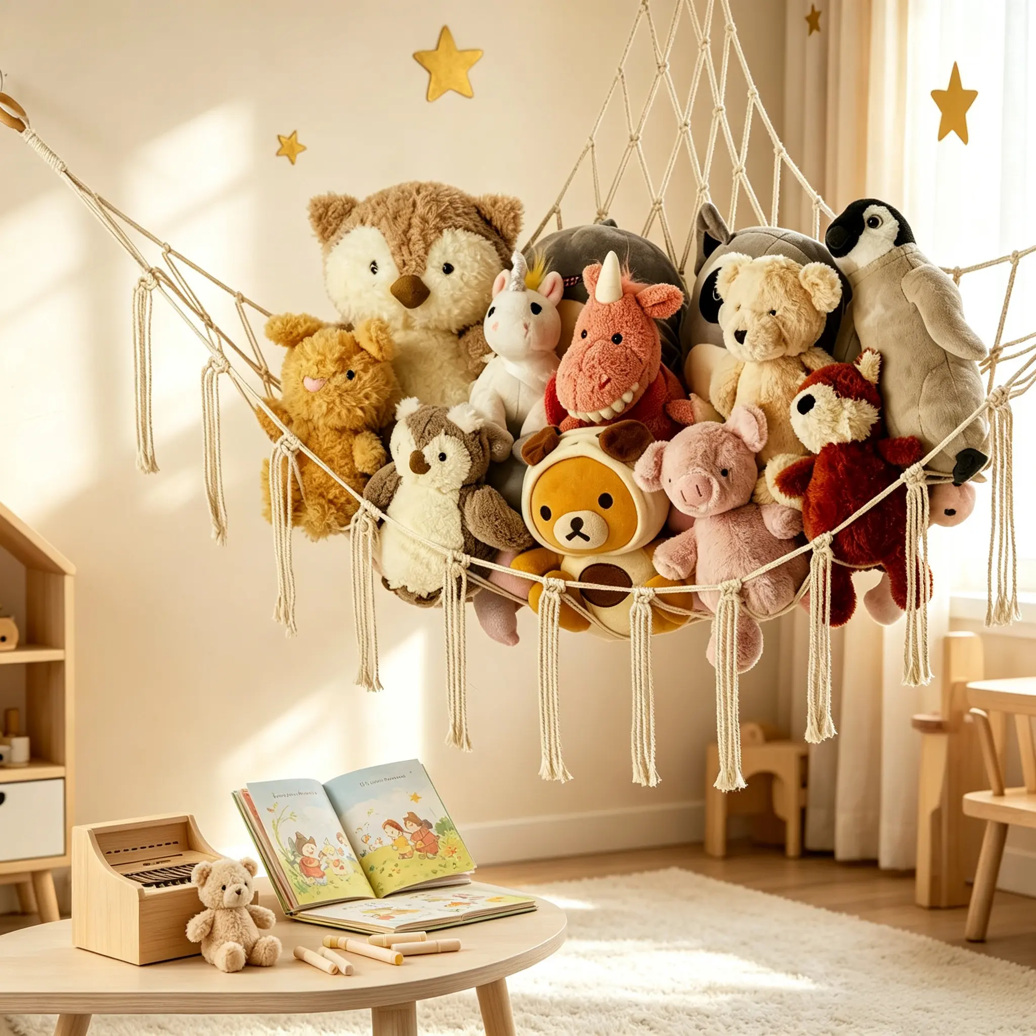 Corner Stuffed Animal Storage Hammock Net, Large Plush Toy Organizer Wall Hanging Mesh Holder for Kids Bedroom, Nursery Decor Stuff Animal Storage, Baby Room Wall Toy Storage Hammock