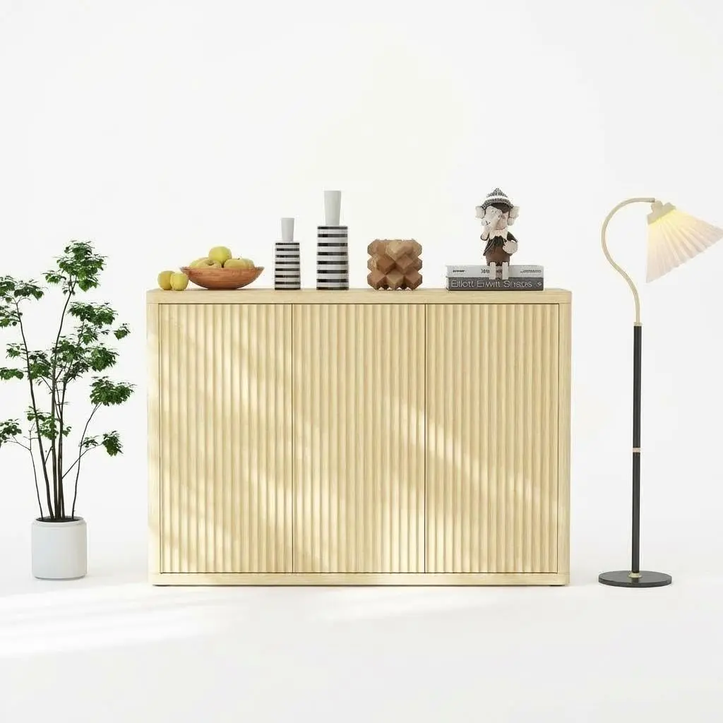 High-Quality MDF 3-Curved-Door Sideboard - 118.5*39.5*86 cm, Sturdy Frame Waterproof Entryway Kitchen Storage Cabinet, Adjustable Shelves, Durable Easy-Maintenance Buffet Cabinet