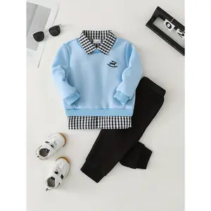 3pcs Boys' School Uniform Set - Light Blue Sweater, Black & White Checkered Collar Shirt & Matching Pants with Collar & Horseshoe Logo-Like Emblem - Soft Winter Outfit for, Boys (Hand Washable, 3pcs Suit), Perfect for Outdoor