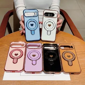 Side Electroplated Solid Heart Phone Case, Durable, for Pixel Series, Comfortable Grip, Stylish Metal Stand, Fits Pixel 7a to Pixel 10pro Xl