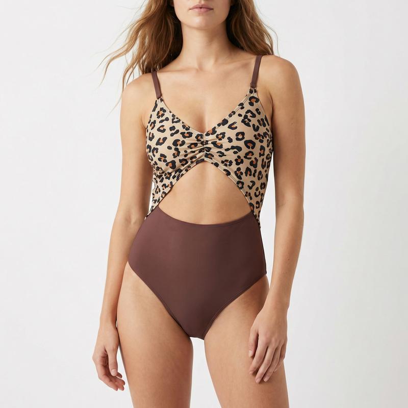 CUPSHE Leopard Top Brown Bottoms,V Neckline,Cutout One-Piece Monokini Stylish Beachwear Drawstring Back High Waisted Swimwear Summer Swimsuit Beach Bathing Suit