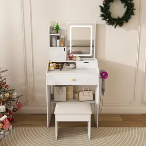 White Small Makeup Vanity Desk with Adjustable LED Lights, Built-in Power Outlet, Hidden Storage, Padded Stool & Shelf – Space-Saving Dressing Table for Small Bedrooms
