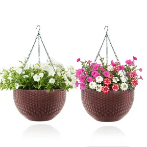 Set of 2 Self Watering Hanging Planters –Large Outdoor Plastic Flower Pots with Drainage Plug & Triple Metal Chain – Ideal for Garden, Patio, Balcony