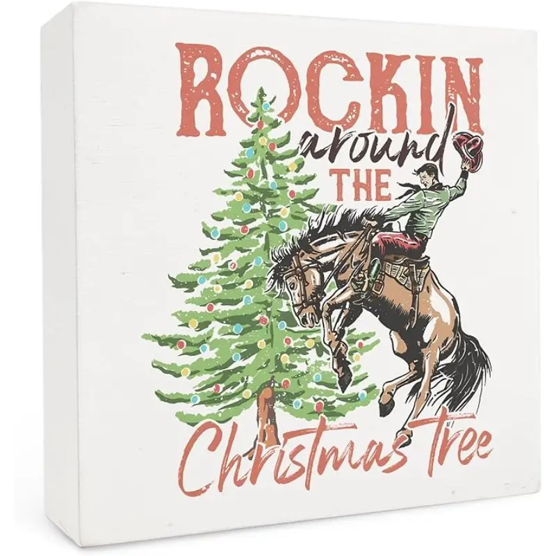 Western Cowboy Christmas Tree Wood Box Sign 5x5 Inch, Western Christmas Decor, Holiday Rodeo Cowboy Xmas Bauble Tree Wood Box Signs for Home Room Office Shelf Table Desk Decor