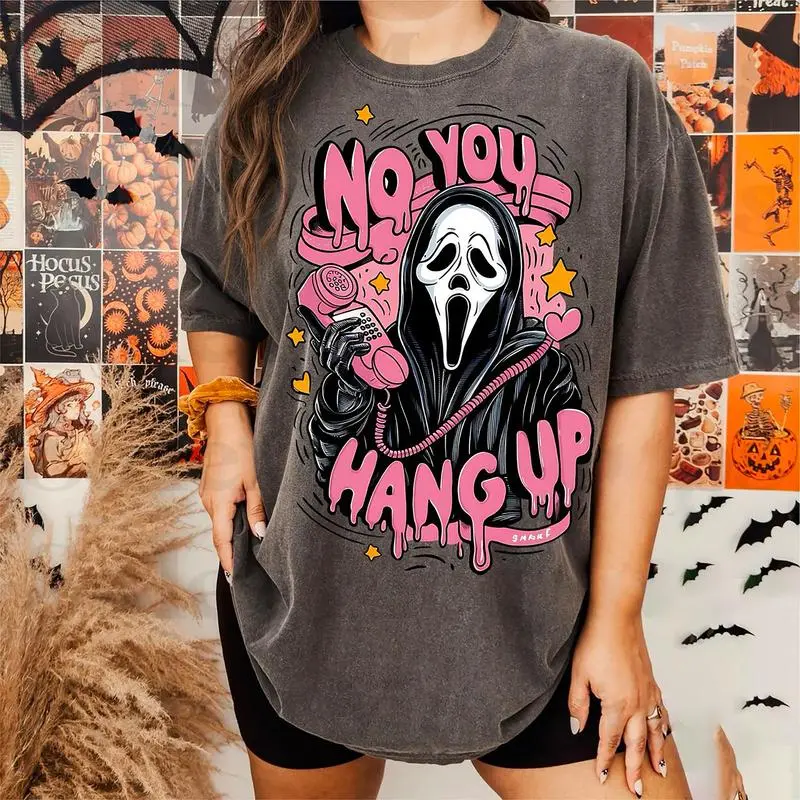 Ghostface No You Hang Up T-Shirt, Cute Halloween Shirt, Summerween Tee, Scary Movie Shirt, Ghostface Sweatshirt, Pink Halloween Sweatshirt Basic Womenswear Top