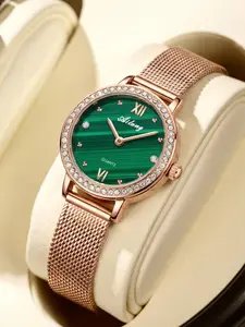 Elegant Women's Watch with Rhinestone Bezel, Rose Gold Milanese Strap, Vintage Style Quartz Wristwatch, Versatile and Chic Design