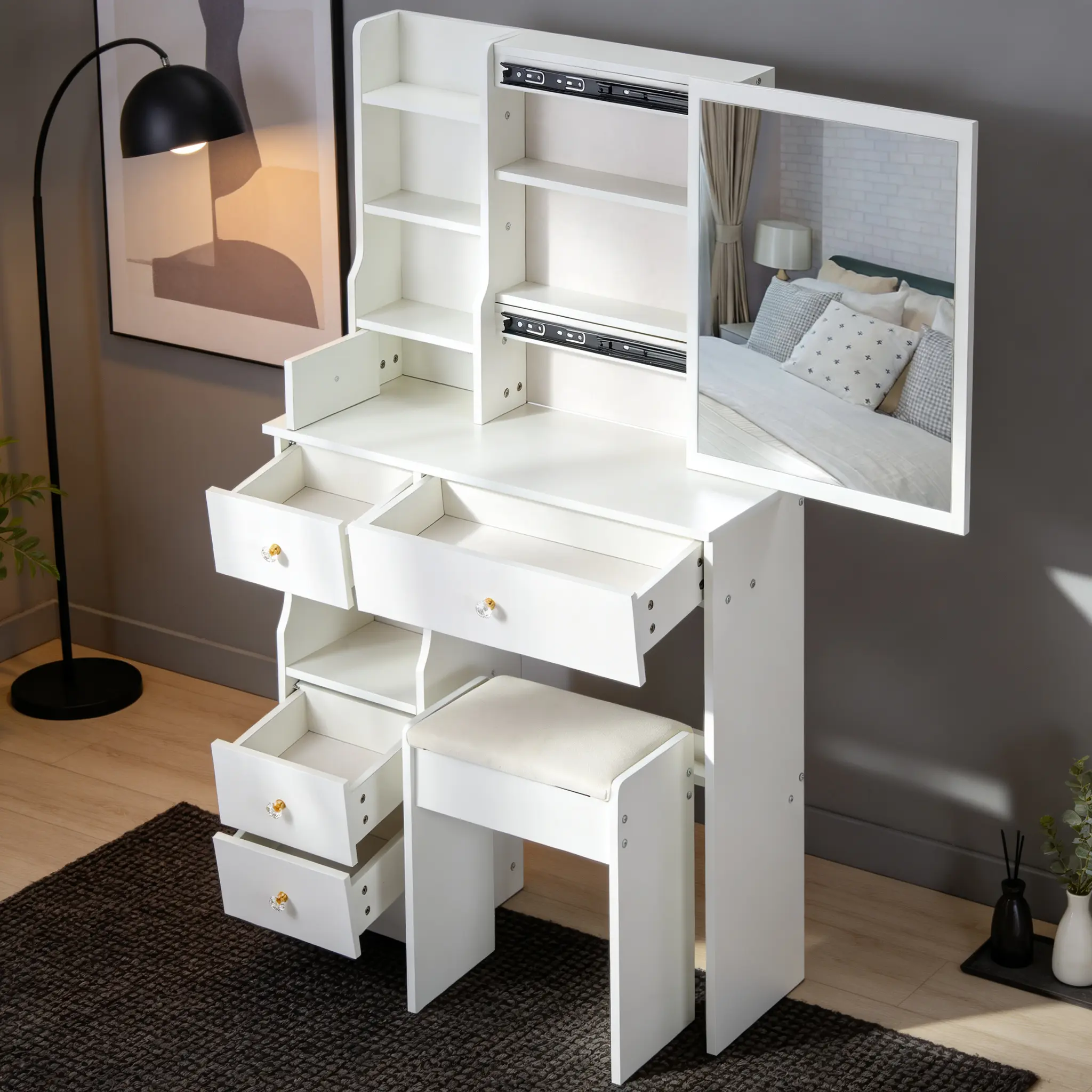 29.2" Small Space Vanity Table with Cushioned Stool, Large Sliding Mirror, Multi-Layer Storage Dresser for Bedroom, Apartment vanity table,dresser,makeup desk,bedroom furniture,small space furniture,accent furniture,storage dresser