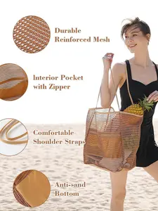 Natural Woven Mesh Beach Foldable Tote Bag, Large Capacity Summer Bag, Lightweight Travel Shoulder Bag for Pool/resort/market