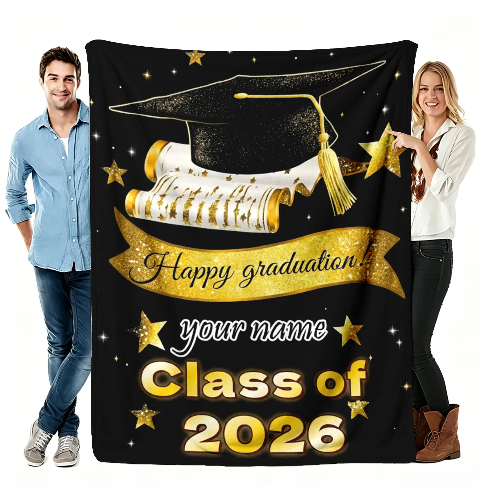 Personalized Class of 2026 Throw Blanket, Custom Name Watercolor Starry Graduation Flannel Blanket, Soft Cozy Warm Throw, Hand-Painted Cap Stars Design, Unique Senior Gift for Her/Him/Son/Daughter, Dorm Bedroom Inspirational Decor(Message Remarks)
