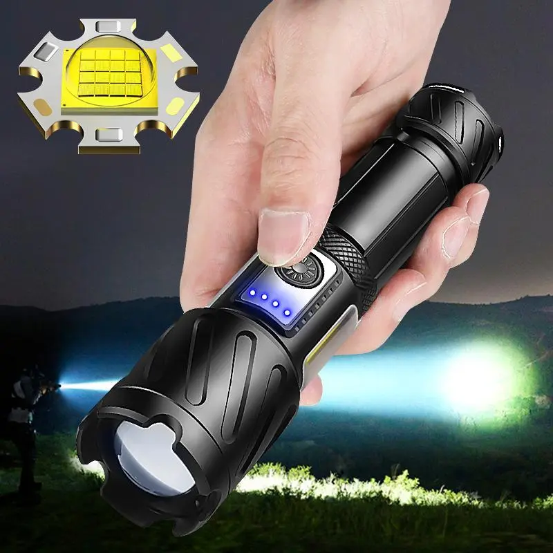 2200LM Ultra-bright LED Zoom Flashlight, 5000mAH Rechargeable Handheld Flashlight, with Warm White Side Light Torch Light for Outdoor Fishing, Hiking, Camping