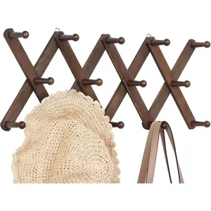 Wall Hanger Hat Rack for Wall with 14 Coat Hooks, Expandable Hat Hangers Organizer, Vintage Decorative Wall Mount Coat Rack for Purse, Mug (Brown)