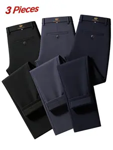 Three-Pack Men's High-Stretch Straight-Fit Business Pants, Wrinkle-Resistant Non-Iron Breathable, Multiple Colors, Perfect for Office, Commute & Casual Wear, Stylish Versatile Formal Trousers