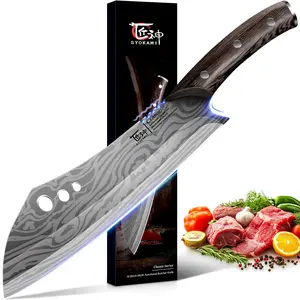 【TikTokShopSpringGlowUp】SYOKAMI 10 Inch Butcher Knife, Meat Cleaver Chef Knife with Herb Stripper, Japanese Style High Carbon Steel Kitchen Knife for Chopping & Slicing, Damascus Pattern Full Tang Wood Handle, Christmas, Mother's Day Gift