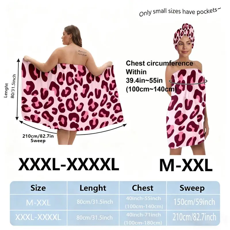 Pink & Dark Red Leopard Print Bath Towel Skirt Set, Plus Size Headwrap + Skirt Illustration, Plus Size Sizes M-XXXXL, Festive Christmas/Valentine's Day Bathroom Loungewear, Adjustable Wrap Skirt for Women