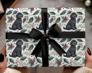 Black Portuguese Water Dog Christmas Wrapping Paper: Holiday Holly Print