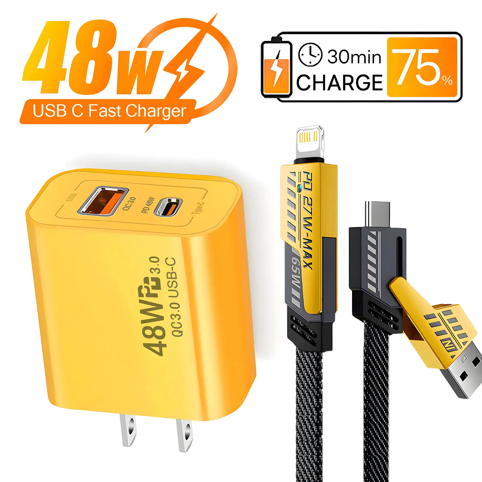 48W USB C Fast Charger Set, Portable Adapter with 6FT 4-in-1 USB A+Type C Fast Charging Data Cable for iPhone 17/17 Air/16/15/14/13/iPad/Samsung, Elec