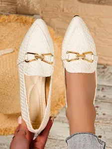 Women's woven pointed flat shoes, comfortable slip-on flat sandals with golden buckle, lightweight non-slip casual shoes, suitable for work, office, daily wear, travel, and other occasions, elegant women's formal shoes, Footwear.