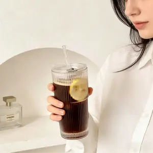 4 Pack 19oz Clear Glass Tumblers with Lids & Straws, Leak-Proof Reusable Cups for Iced Coffee & Smoothies Classic Drinkware Silicone Sturdy Aesthetic Ribbed Stylish Bottles Stylish Drinkware Plastic