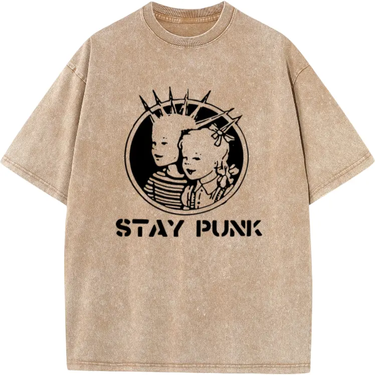 Men's Punk Aesthetic Short-Sleeve Cotton Fabric "STAY PUNK" Tee, Retro Spiked Hair Doll Print, Casual Oversized Fit Tops