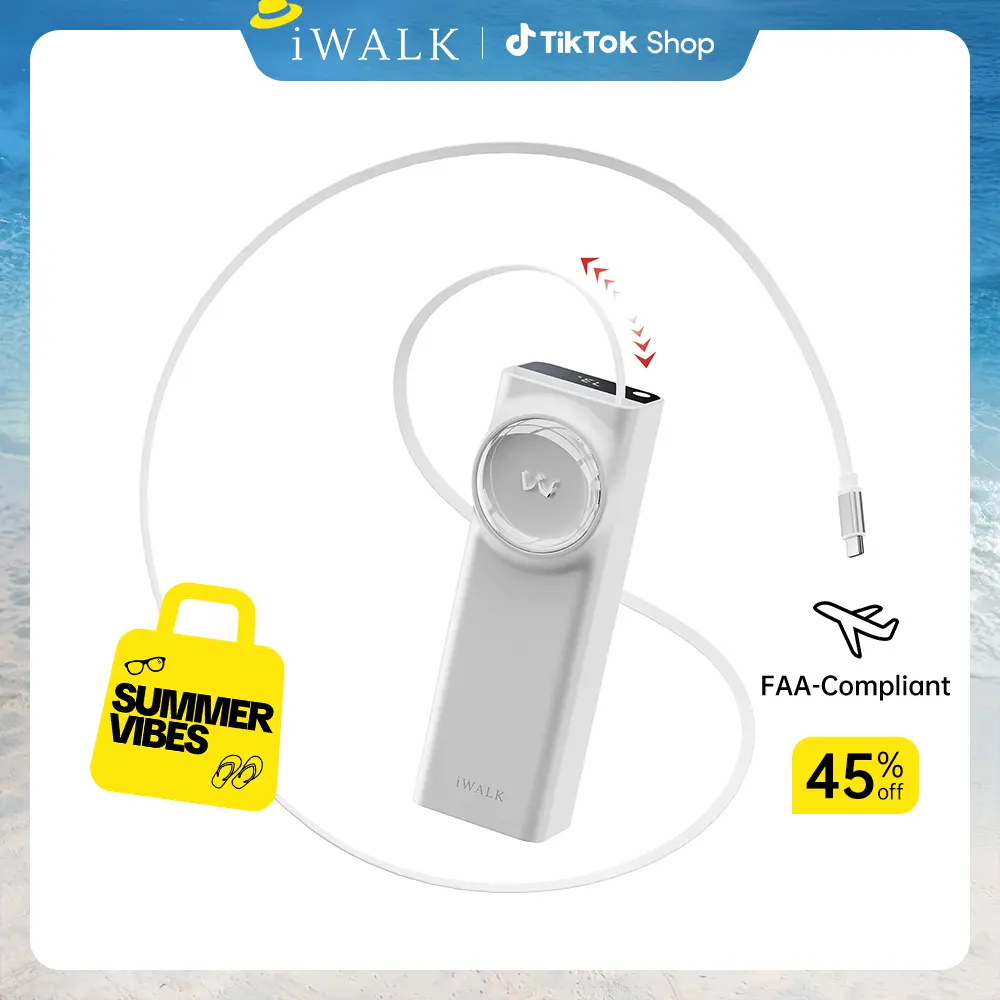 iWALK 65W Fast Charging Compact Lithium Battery Pack (>20000mAh), Portable USB-C Power Bank with 2.3ft Retractable Cable, LED Display, Triple Outputs, for Laptops, iPhone 16, Smartphones, Accessories