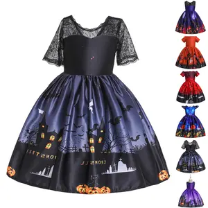 Kids Clothes Purple Halloween Dress 001 Print Children Cosplay Costume Fancy Carnival Pumpkin Witch Vampire Party Holiday Princess Frock 2-10Y Orange