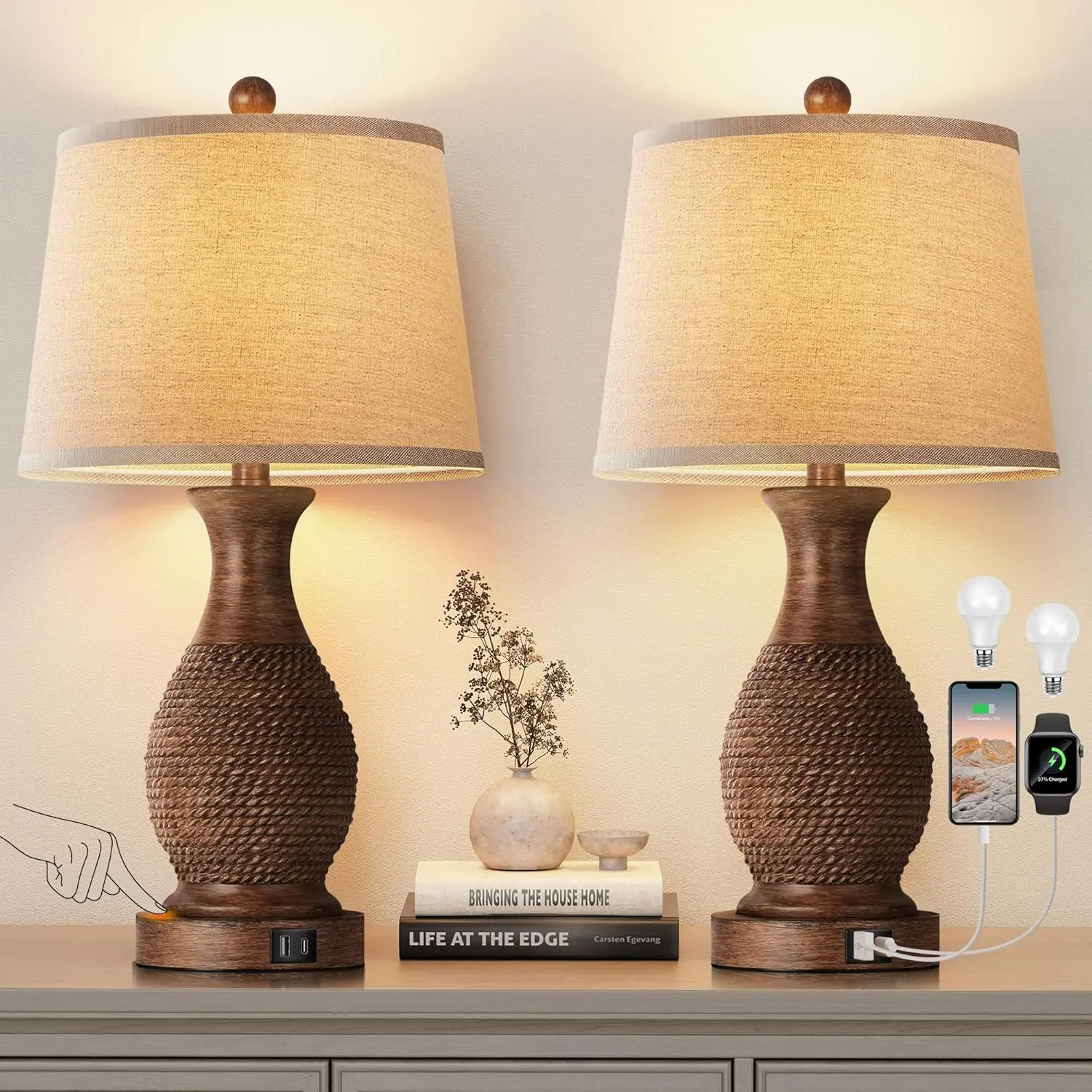 Table Lamps Set of 2, Bedside Touch Lamp with USB C+A Charging Ports, Side Table Lamp with Linen Fabric Shade (LED Bulbs Included), Wood