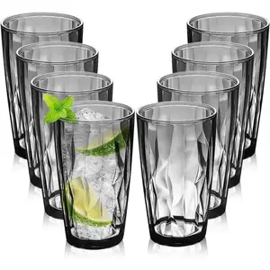 Plastic Reusable Drinking Glasses Set of 8| BPA-Free 16-Ounce Stackable Drinkware Water Tumblers Shatterproof Drinking Cups Grey
