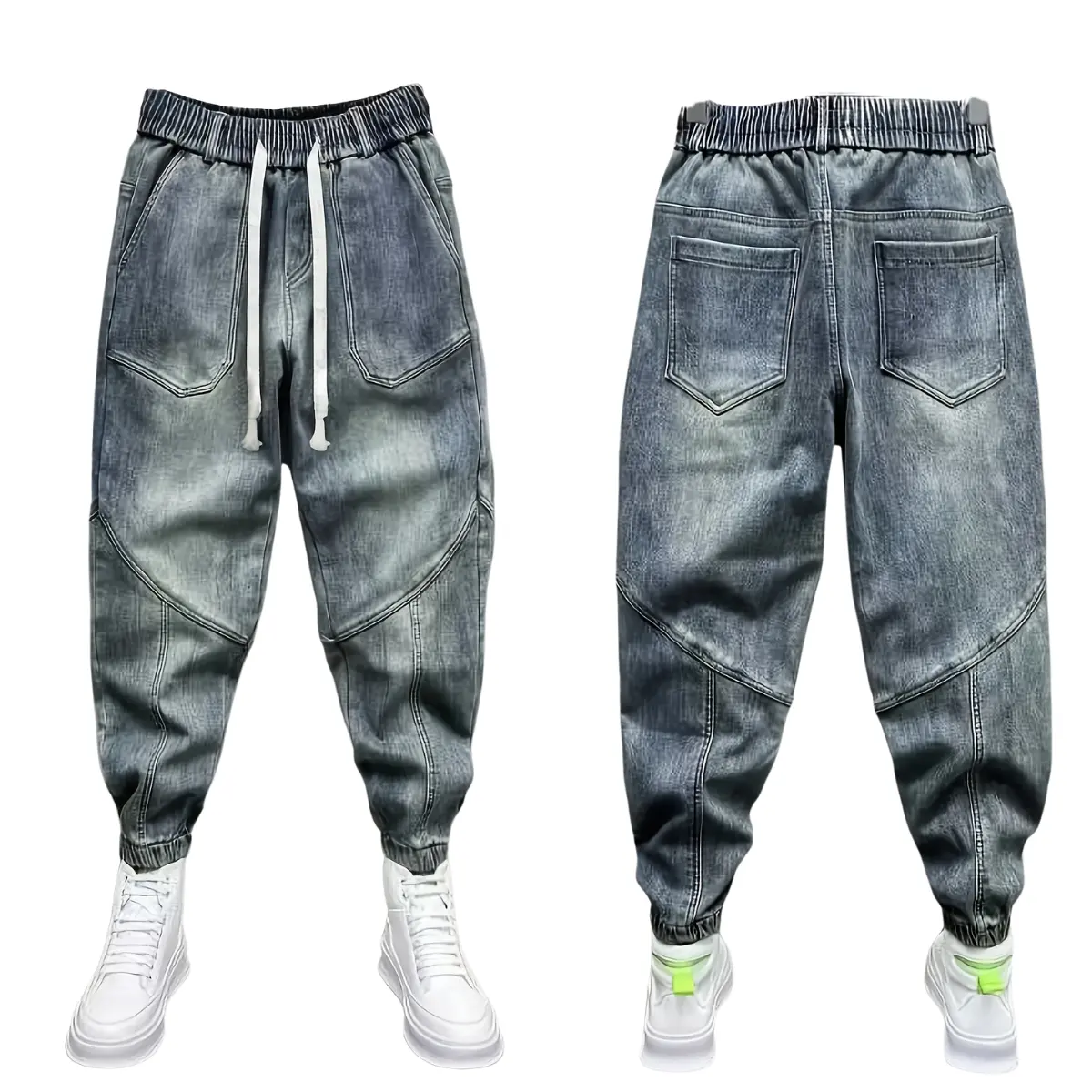 Men's Stylish Plain Panel Washed Denim Joggers - All Seasons Menswear Bottoms with Drawstring Adjustable Waist, Relaxed Fit, Full-Length Polyester Casual Trouser, XL Size, Trousers, Cotton
