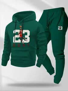 Men's Fall Winter Fleece Sweatshirt Set, Streetwear Tracksuit Set, Hooded Graphic Print Pullover + Drawstring Casual Sport Pants, 2 Piece Set