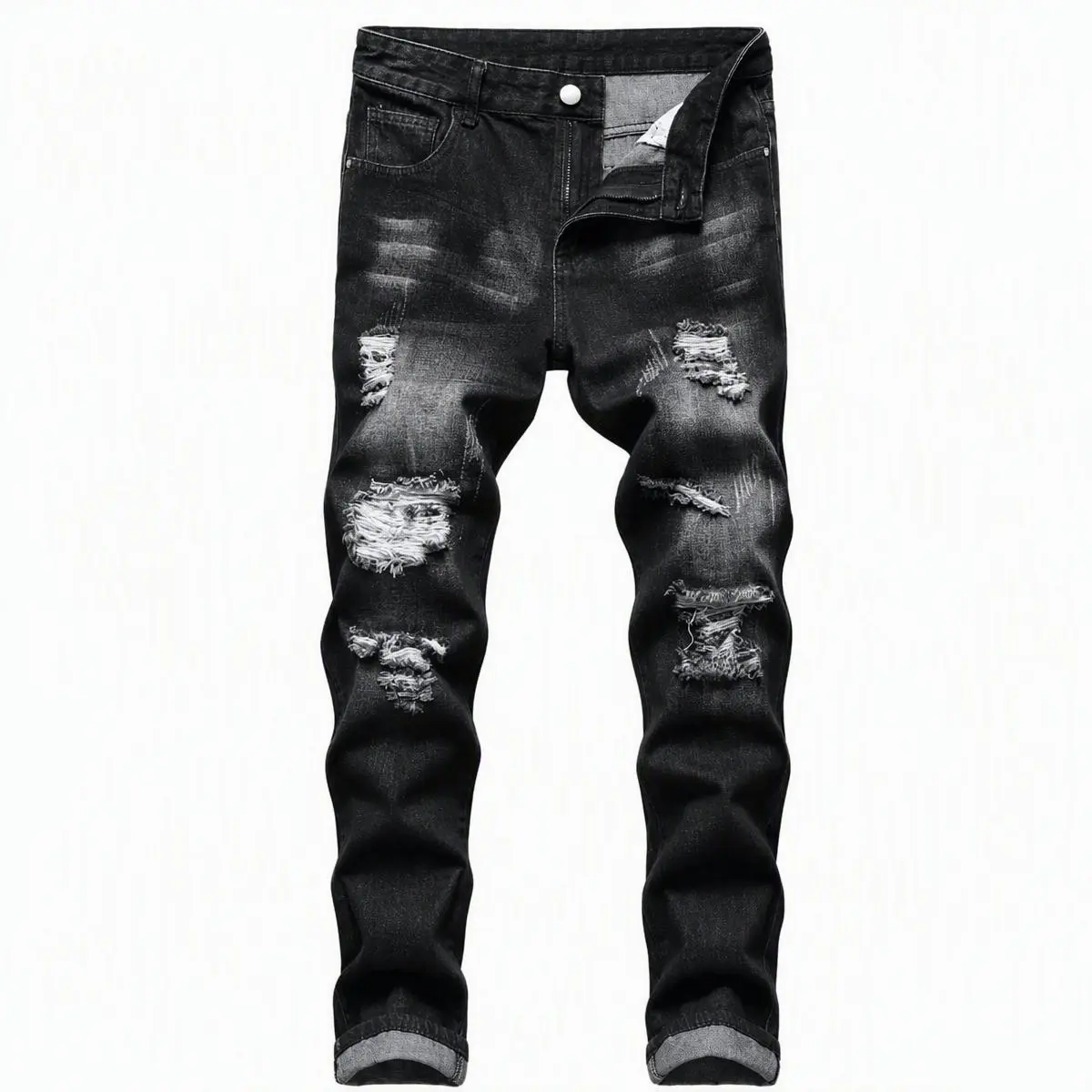 JOJO | Men Vintage Black Wash Multi Hole Ripped Distressed Slim Fit Jeans, Frayed Destroyed Patch Denim Pants Hip Hop Streetwear Skinny Denim Trousers
