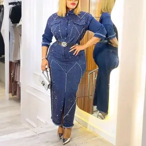 Women's Button Up Two-Piece with Stylish Denim Look Long Sleeves Elegant Waist Perfect for Casual & Formal Wear