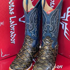 Men's Boot Rustic Brown with Blue Shaft 100% Leather Cowboy Style Comfortable & Durable Footwear Closed Fashion cow leather flux fish