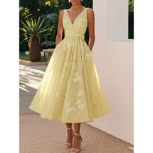 Elegant V-Neck Off-Shoulder Long Dress for Women - Light Yellow Floral Print, Ruffled Hem, Cinched Waist, Perfect for Prom Night & Special Occasions, Dresses Elegant Formal Fabric Polyester ballgown wedding dress Womenswear Workwear wedding gown Spot Chic