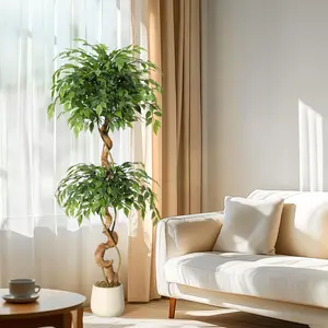 Artificial Ficus Tree with Curved Trunks & White Pot, Realistic Faux Silk Plant for Home Living Room Kitchen Office Desk Decor