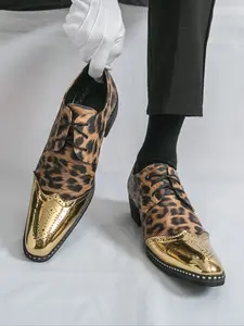 Men's Leopard Print Pointed Toe Leather Shoes, Fashionable Business Formal Party Wedding Shoes, Medium Width, Less Than Ankle Height