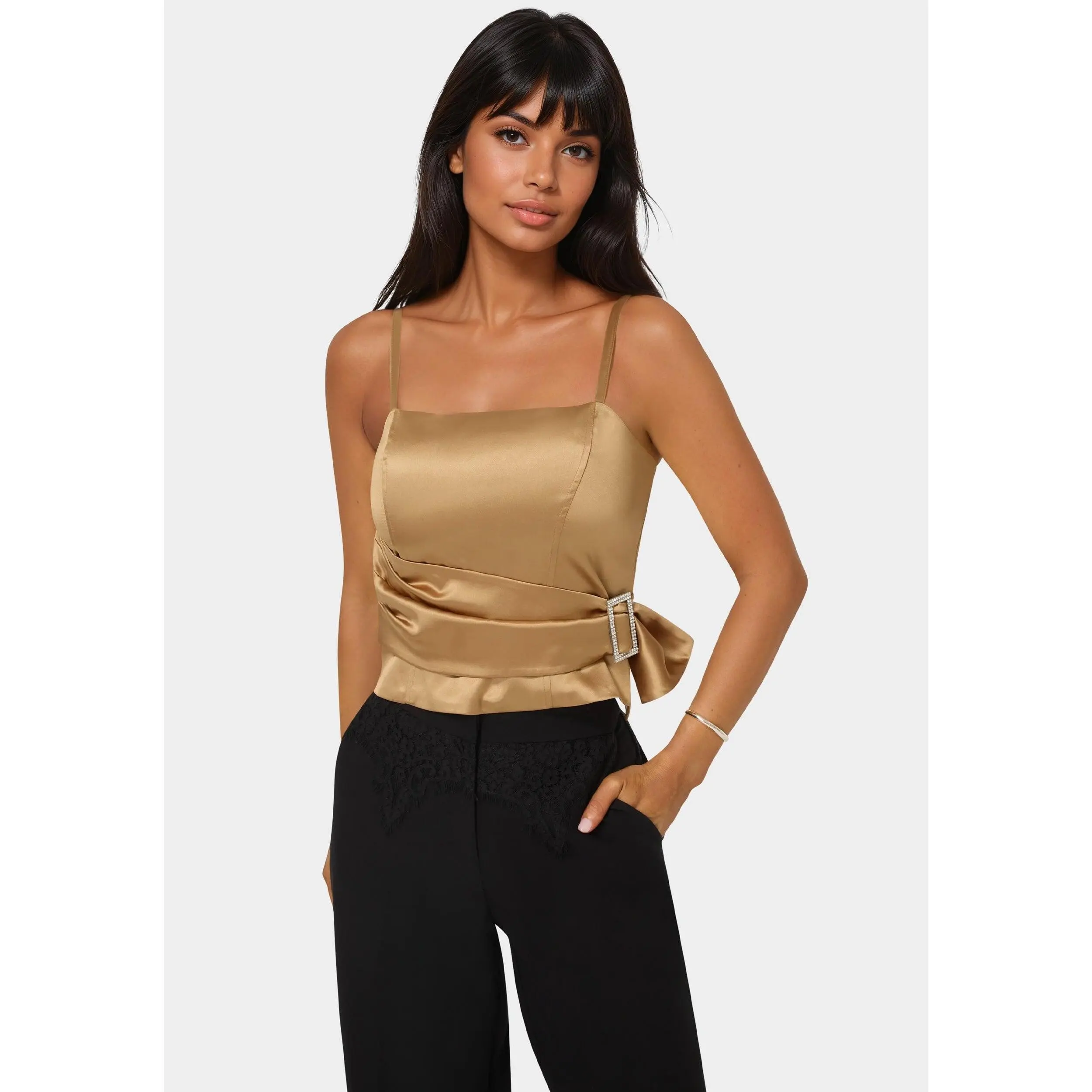Satin Rhinestone Buckle Corset Top