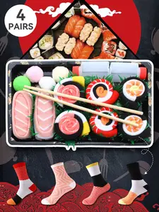 4 Pairs Mid-Calf Socks Gift Box Set, Casual Comfy Socks, Soft Comfortable Sushi Design, Unisex Casual Fashion for Halloween Thanksgiving Christmas Party