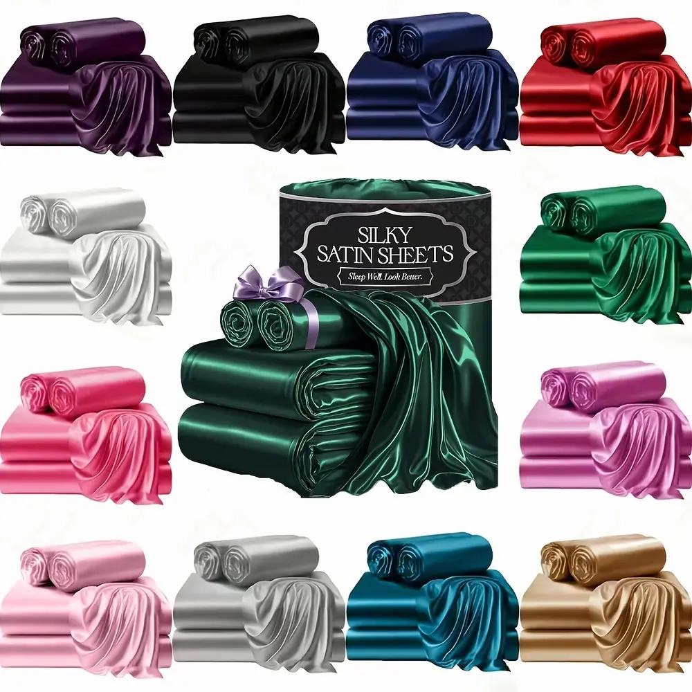 3/4pcs 2100TC Satin Sheets Queen Size Bed Set-Child Satin Bed Sheets Ultra Soft Satin Sheets Queen Set, Breathalbe Satin Bed Sheets Bed Sheets All Sizes Soft Satin Bedding for Bedroom 5 Star Luxury Hotel Experience W/ The Premium Satin Sheets