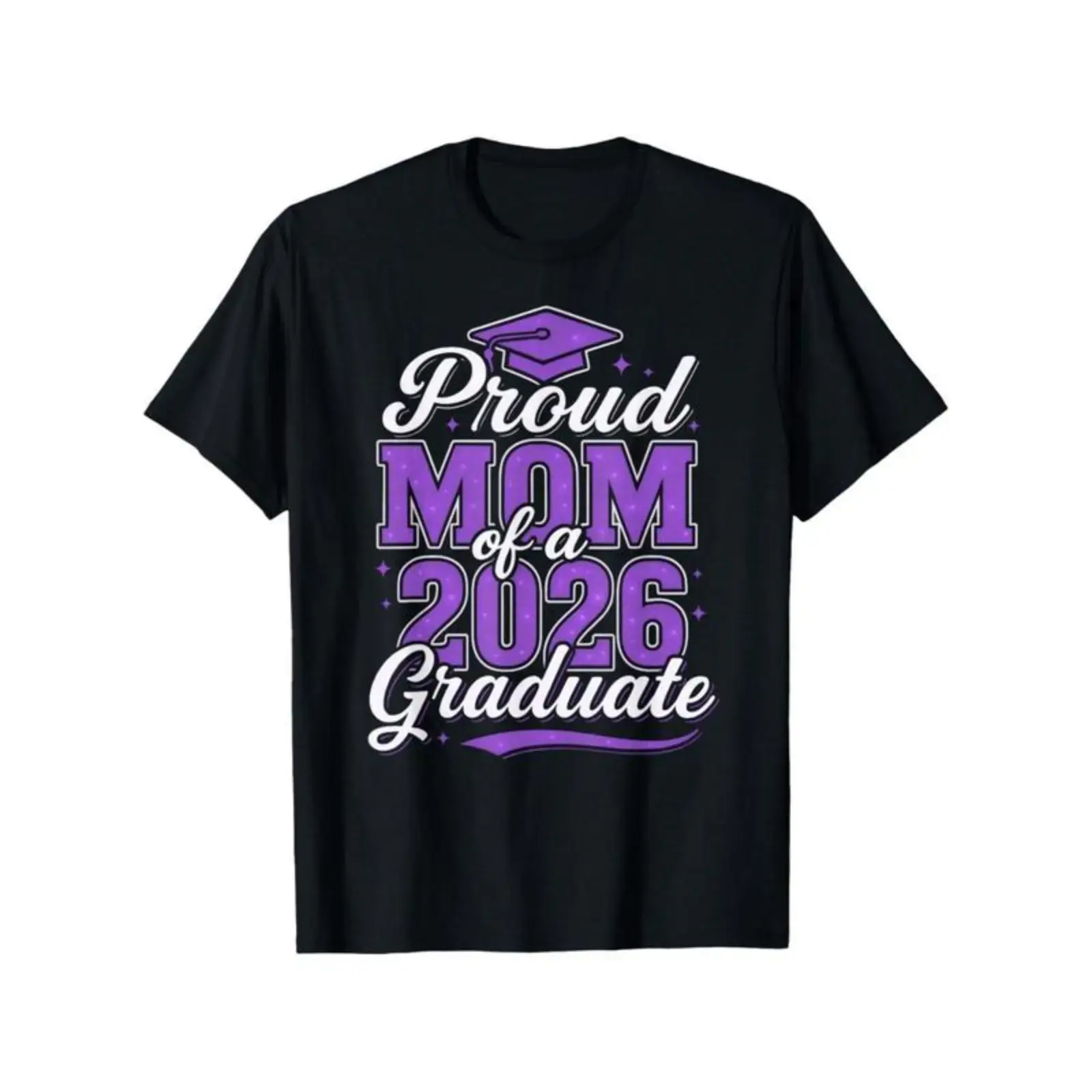 Women's Class of 2026 Proud Mom Short-Sleeve T-Shirt - Soft, Lightweight Fabric, Unisex Loose-Fit Round Neck, Cap & Diploma Design, Purple & Golden Lettering, Stylish Graduate Celebration Top, Shortsleeve