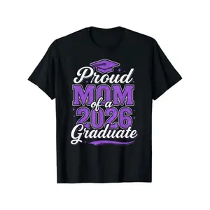 Proud Mom of a 2026 Graduate T-Shirt - Class of 2026 Senior Year Celebration, Unisex Loose-Fit Round Neck with Cap & Diploma Design, Purple & Golden Lettering