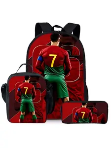 Football star red and green printed backpack three-piece set, including lunch bag, pencil case, Modern Backpack