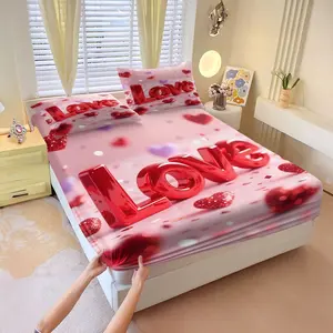 3Pcs Valentine's Day Inspired Fitted Sheet Set, Bold Glossy Red 'Love' 3D Letter Design, Soft Pink Background, Perfect for Romantic Bedroom Decor, Decorative Bedsheet Sets, Celebrate Love with Comfort!, Lncludes 1 Fitted Sheet, With 2 Coreless Pillowcases