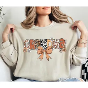 Grandma Floral Bow T-Shirt / Sweatshirt / Hoodie , Grandma Leopard Coquette , Grandma Nana , Flowers Gigi Cotton Fabric Grey