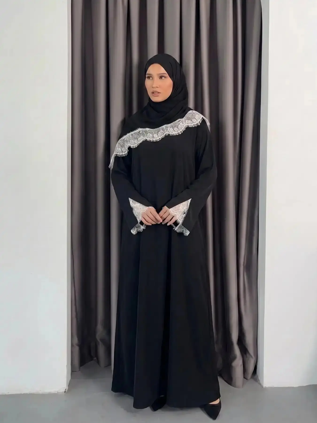 Essential Muslim Women's Abaya Two-Piece Set Intimate Wear, Islamic Clothing Set, Long Dress Headscarf, Contrast Lace, Elegant, All Seasons, Nida Fabric, Chiffon Included, Day Comfort, Well Made, Full Outfit