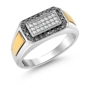 Men's 925 Sterling Silver and 10K Yellow Gold Black Diamond and White Lab Grown Diamond Ring For Men | 0.43 Cttw | 9.5MM Width | Available In Size 7, 8, 9, 10, 11, 12, 13