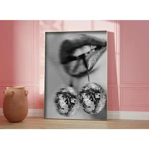 Disco Ball Cherries Wall Art Preppy Room Decor Retro Bar Cart Trendy 70s Wall Art Maximalist Poster