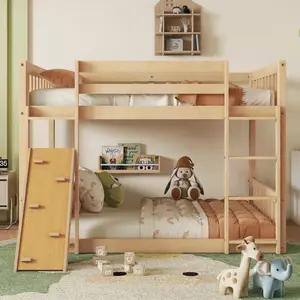 Twin Over Twin Floor Bunk Bed, Playhouse Floor Bunk Bed with Climbing Ramp, Ladder, Safety Guardrails,Natural