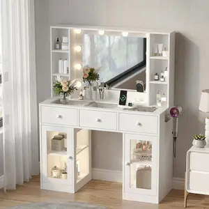 summervibes Ktaxon Vanity Table with RGB Lights & 3-Tone Dimmable Bulbs - Glass Top Dresser with 3 Drawers, 2 Glass Doors & 2 Side Shelves | Built-in Power Strip, Hair Dryer Holder