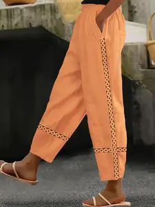 White Pants Harem Women High Waist Drawstring Waist Lace Detail Hem Summer Beach Vacation Outfit Elegant Casual Bohemian Resort Wear Soft Girl Aesthetic