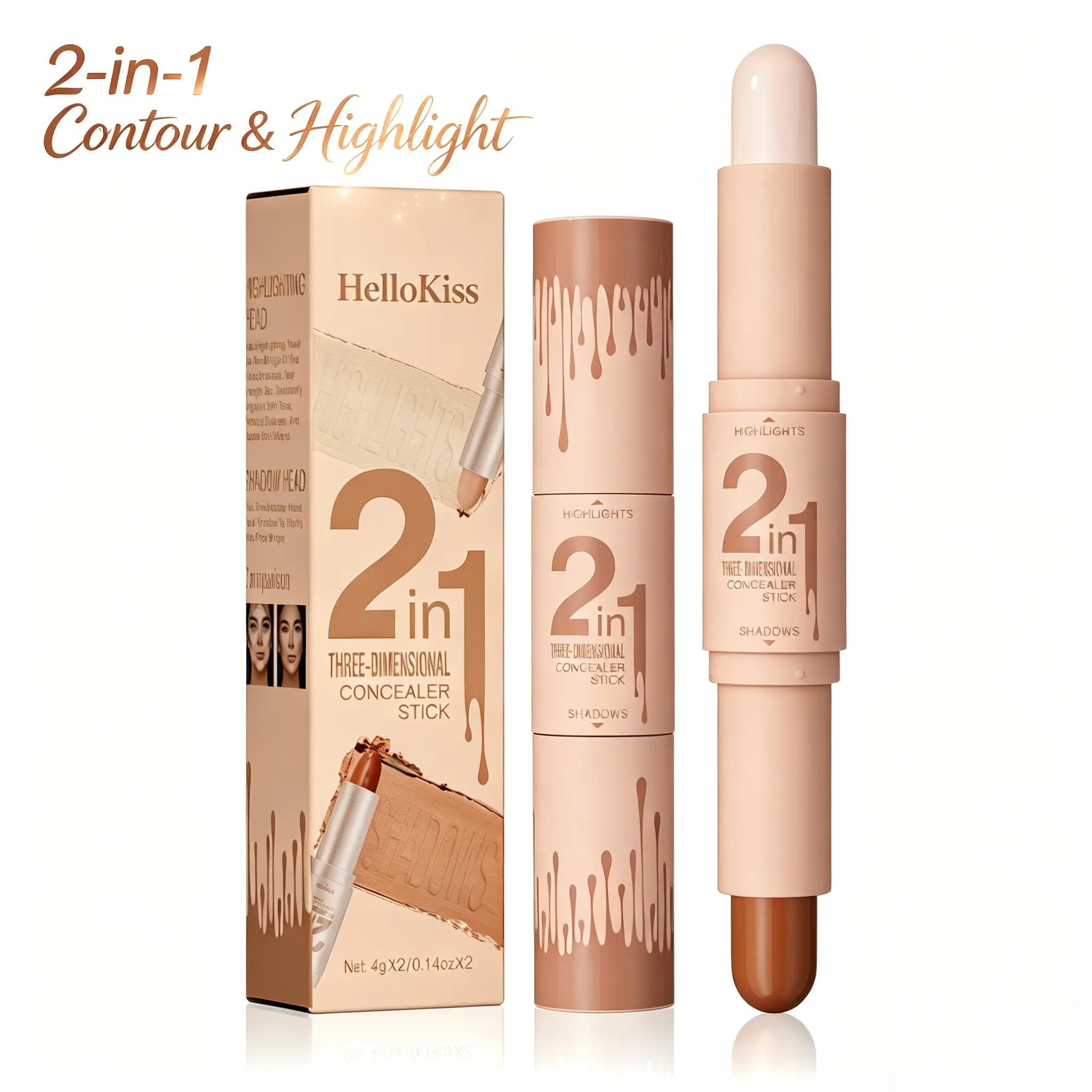 2-in-1 Contour Stick & Highlighter Stick, Double Ended Cream Face Makeup, Blendable Sculpting & Highlighting Stick, Waterproof Long-Lasting Makeup